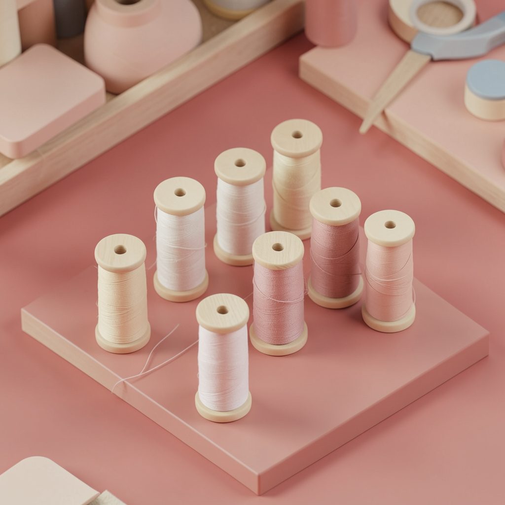 Isometric 3D render of wooden spools of thread in muted pastel shades, warm cream and dusty rose tones, soft craft-room atmosphere