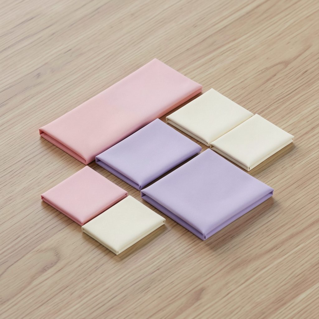Isometric 3D render of folded fabric squares in soft pastel pink, lavender, and cream tones, arranged on a wooden surface