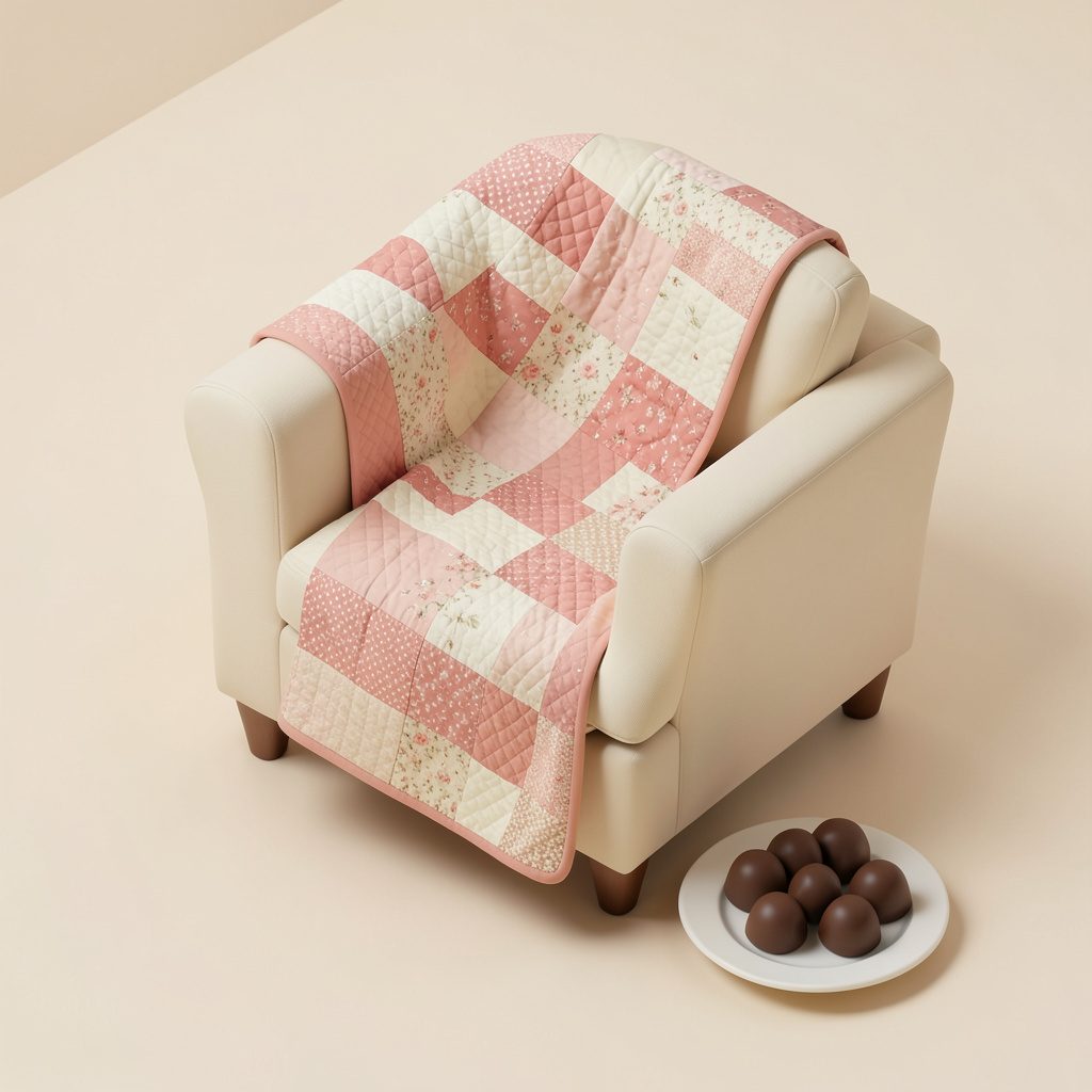 Isometric 3D render of a patchwork quilt draped over an armchair with a plate of chocolate truffles nearby, in warm cream and blush tones