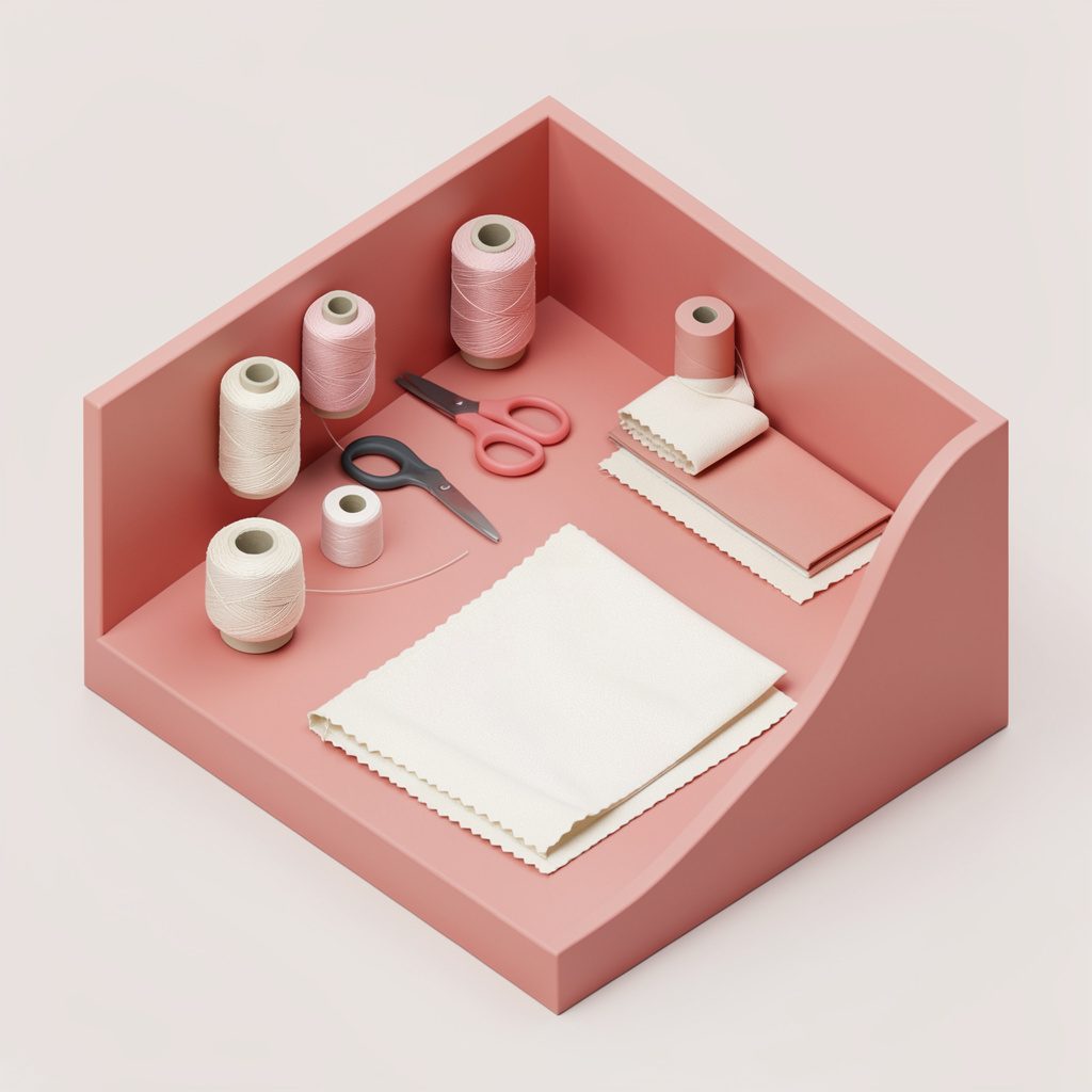 Isometric 3D render of a cozy crafting nook with spools of thread, scissors, and fabric swatches in blush and cream hues
