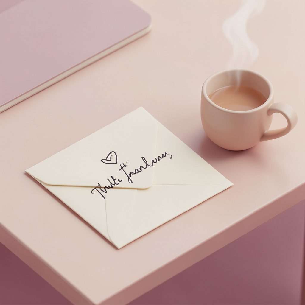 Isometric 3D render of a handwritten note and envelope on a desk beside a steaming mug, in soft beige and rose tones
