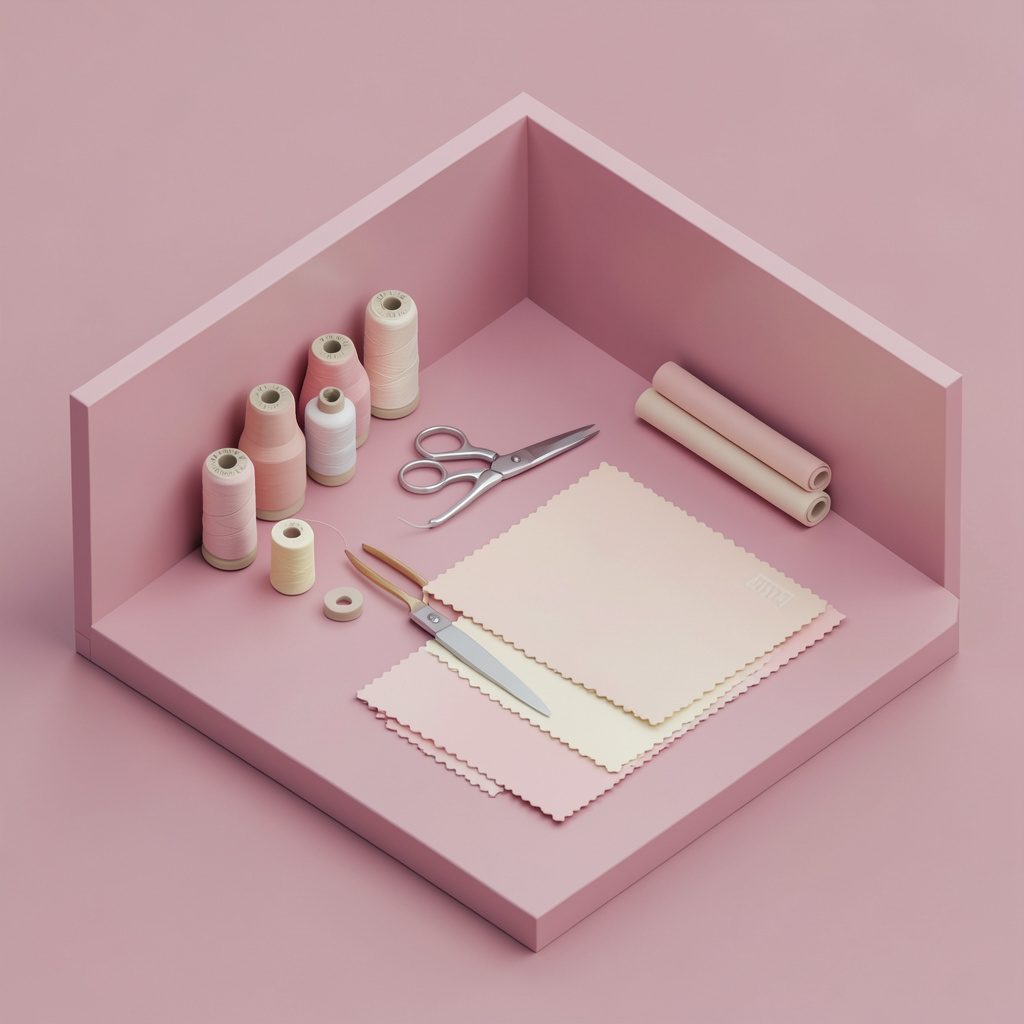 Isometric 3D render of a cozy crafting nook with spools of thread, scissors, and fabric swatches in blush and cream hues