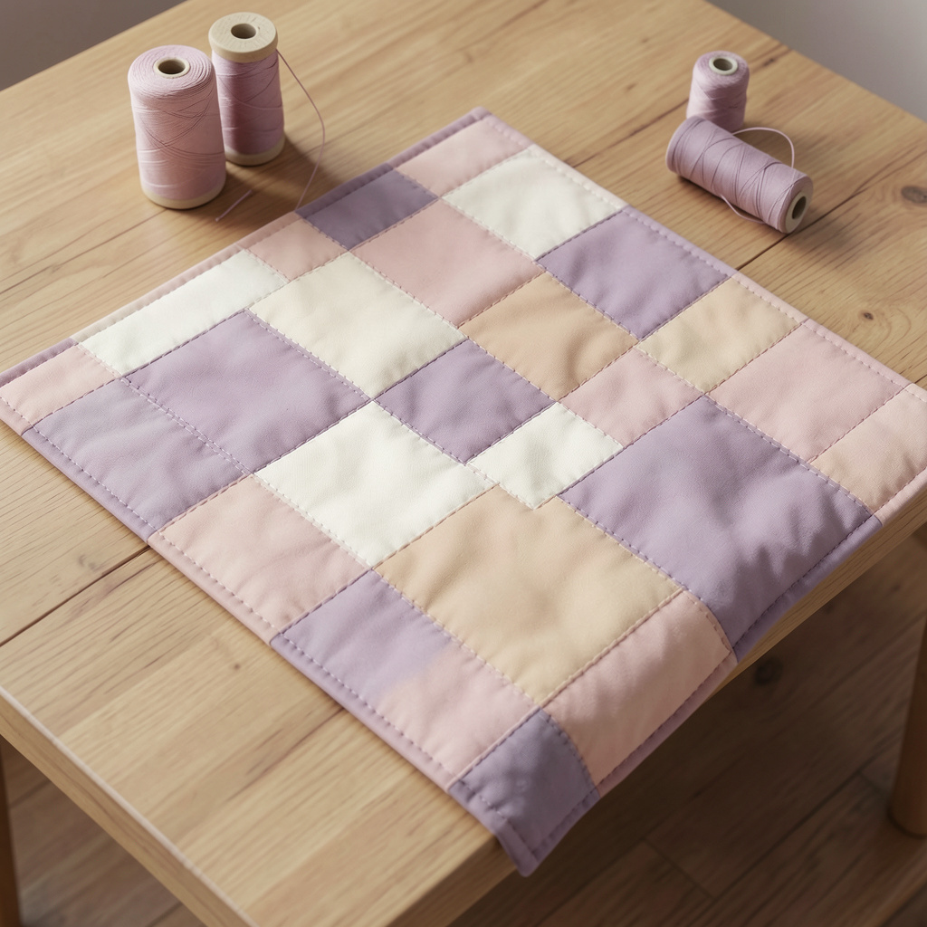 A hand-stitched patchwork quilt in soft blush, cream, and dusty lavender tones draped across a wooden surface, warm and inviting