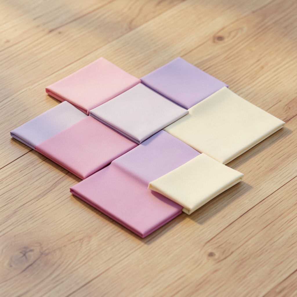 Isometric 3D render of folded fabric squares in soft pastel pink, lavender, and cream tones, arranged on a wooden surface