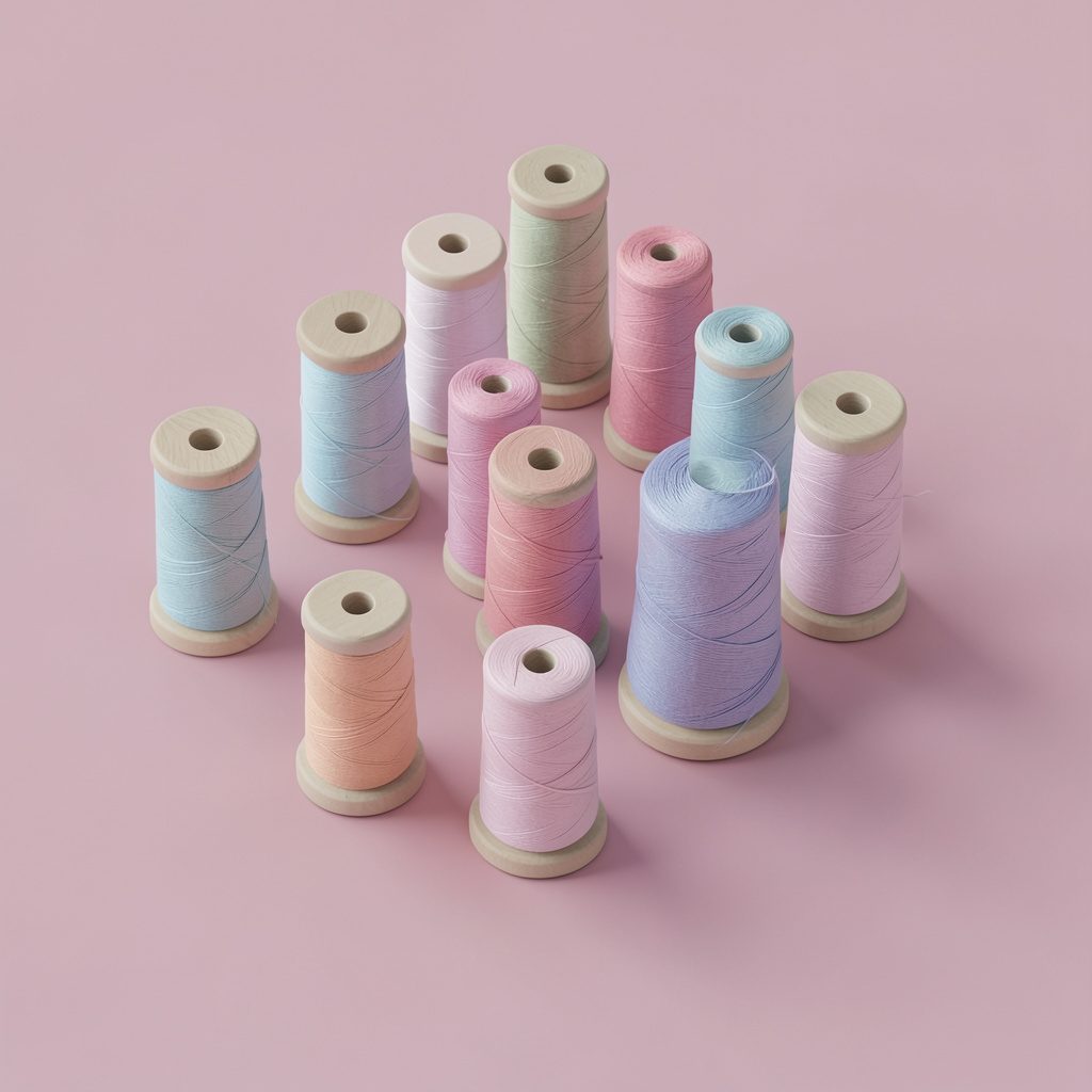 Isometric 3D render of wooden spools of thread in muted pastel shades