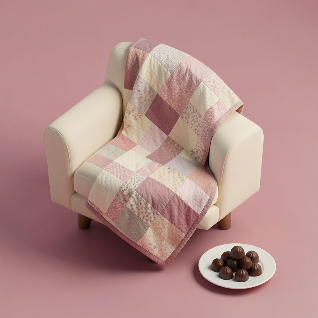 A patchwork quilt draped over an armchair with a plate of chocolate truffles nearby, in warm cream and floral tones